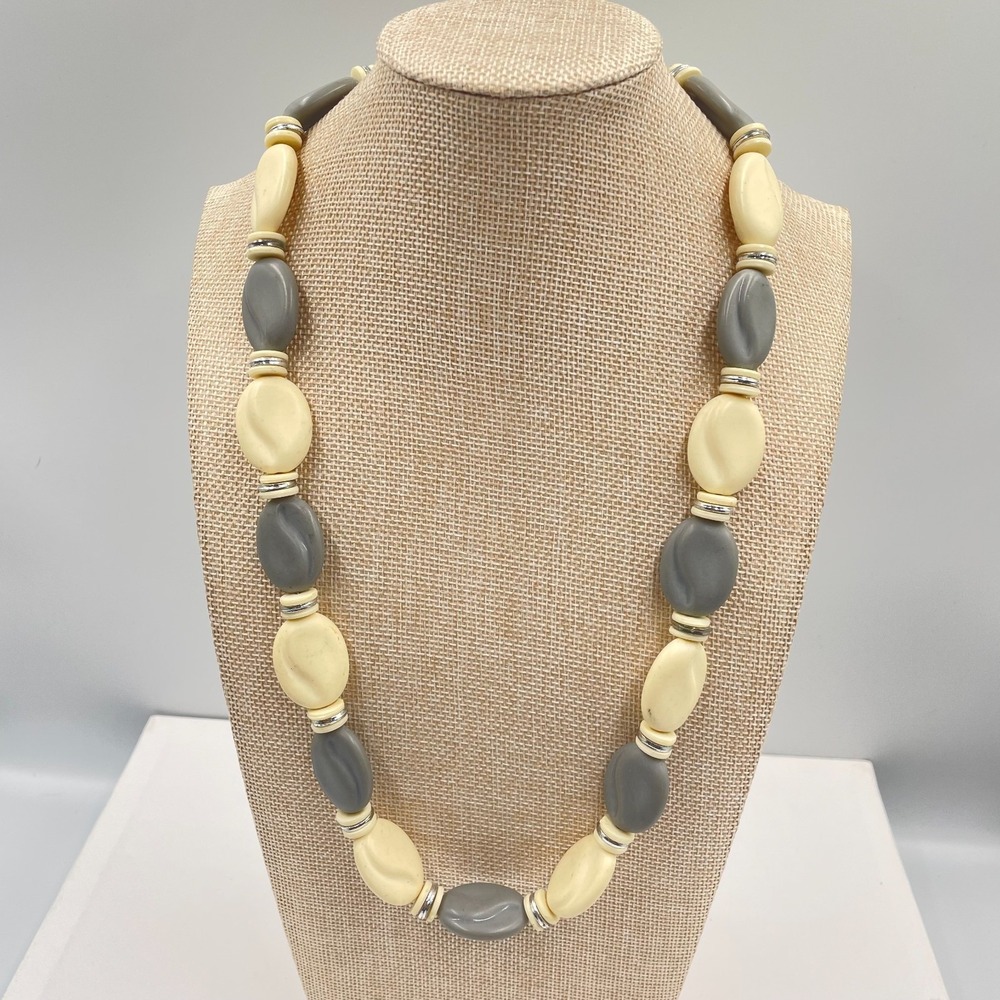 Vintage Chunky Resin Bead Necklace Grey Cream Gray Mod MCM Statement Jewelry 24"